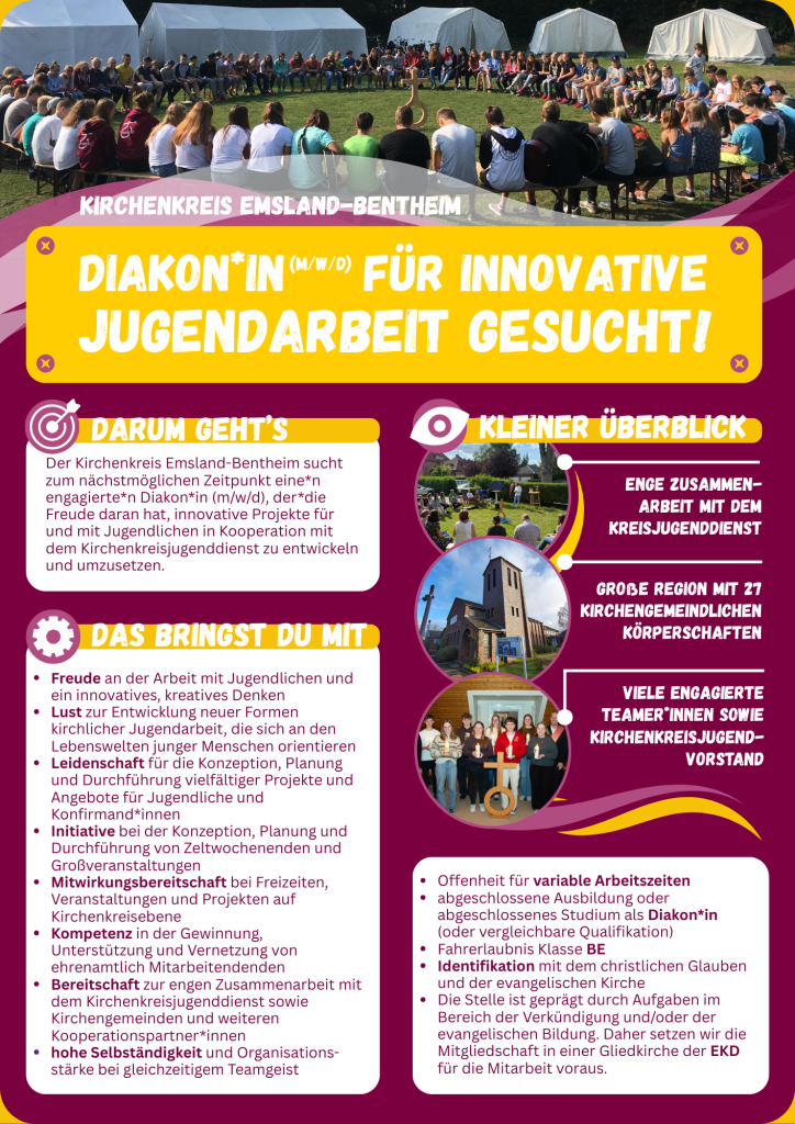Flyer mit viel Textinhalt. Seite eins der PDF-Datei. Diakon/Diakonin (m/w/d) für die innovative Arbeit mit Jugendlichen in Zusammenarbeit mit dem Kirchenkreisjugenddienst gesucht! Informationen zu: Darum Geht's. Das bringst du mit. Kleiner Überblick. Interesse Geweckt und weitere Infos.Informationen zu: Darum Geht's. Das bringst du mit. Kleiner Überblick. Interesse Geweckt und weitere Infos.