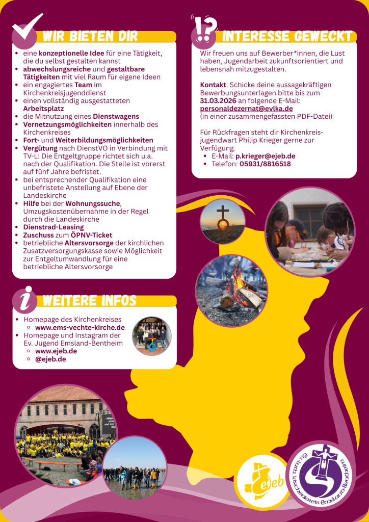 Flyer mit viel Textinhalt. Seite zwei der PDF-Datei. Diakon/Diakonin (m/w/d) für die innovative Arbeit mit Jugendlichen in Zusammenarbeit mit dem Kirchenkreisjugenddienst gesucht! Informationen zu: Wir bieten dir. Interesse Geweckt und weitere Infos.