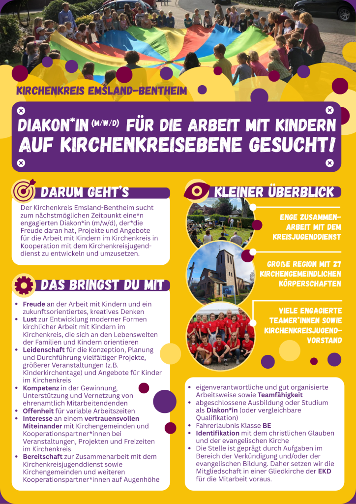 Flyer mit viel Textinhalt. Seite eins der PDF-Datei. Diakon/Diakonin (m/w/d) für die Arbeit mit Kindern auf Kirchenkreisebene gesucht!  Informationen zu: Darum Geht's. Das bringst du mit. Kleiner Überblick.  Interesse Geweckt und weitere Infos.